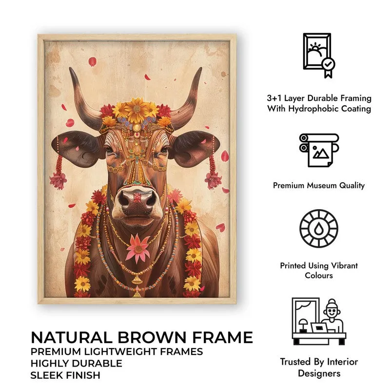 Divine Cow Traditional Canvas Wall Painting With Brown Frame media 11