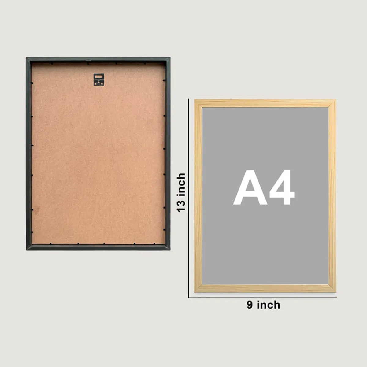 Back and front view of a rectangular wall frame in a light wood finish.