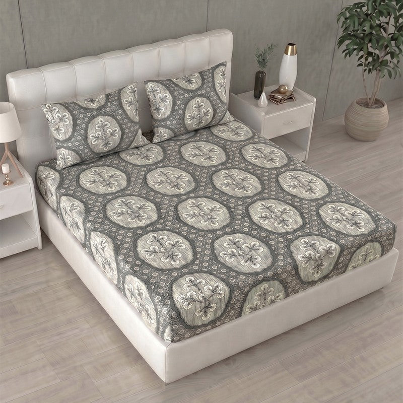 Warm Nest Printed Pure Cotton Bedsheet (Grey) - 144 TC - King