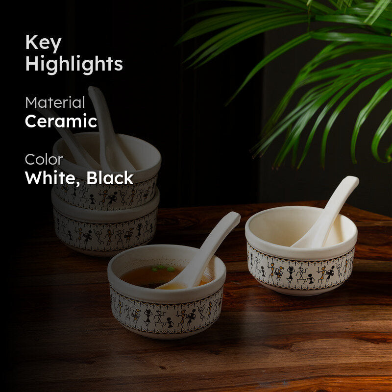 Warli Whirls Handcrafted Ceramic Soup Bowl With Spoon (300 ML) - Eight Piece Set media 2