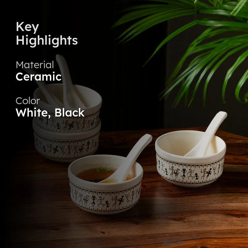 Warli Whirls Handcrafted Ceramic Soup Bowl With Spoon (300 ML) - Eight Piece Set media 2
