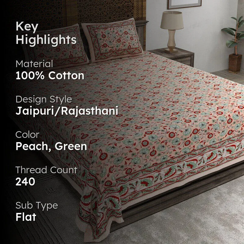 Geora Cotton Bedsheet (Peach,Green) - 240 TC media 2