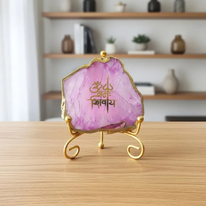 Om Namah Shivay Agate Showpiece With Stand - Pink media 4