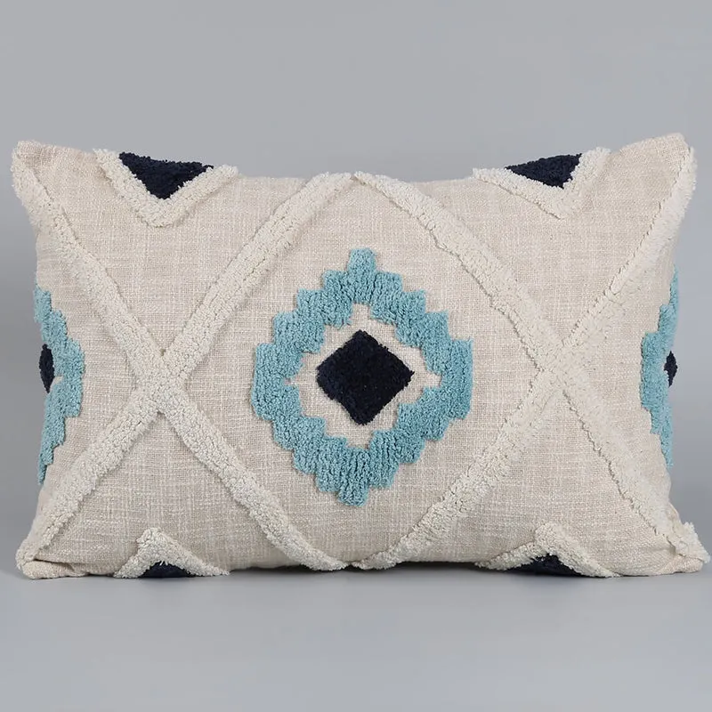 India Circus Terra Spades Tufted Cotton Cushion Cover (White & Blue) - Set Of Two media 4
