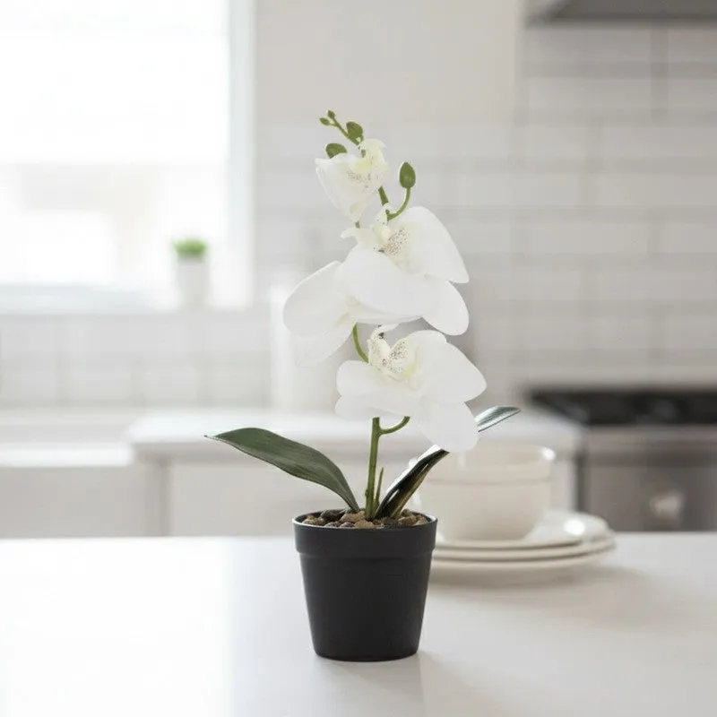 Artificial White Orchid Flower Plant With Fiber Pot - 1 Feet media 1
