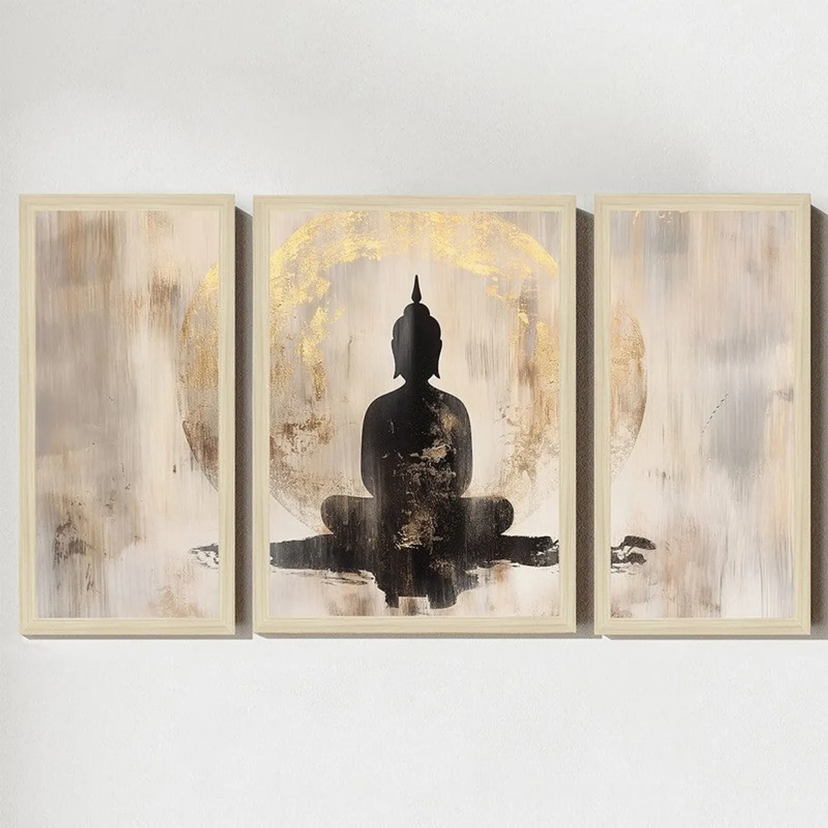 Close front view of the three-piece Buddha wall art set.