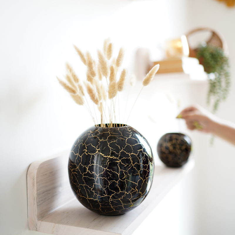Manva Crackled Ball Vase (Black) - Set Of Two media 3