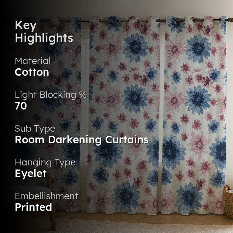 Floral curtains shown with product highlights including cotton and eyelet hanging.