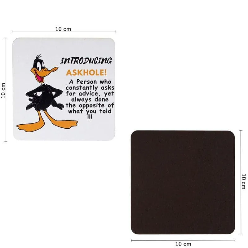 Single square cartoon coaster front and plain dark back shown with dimensions