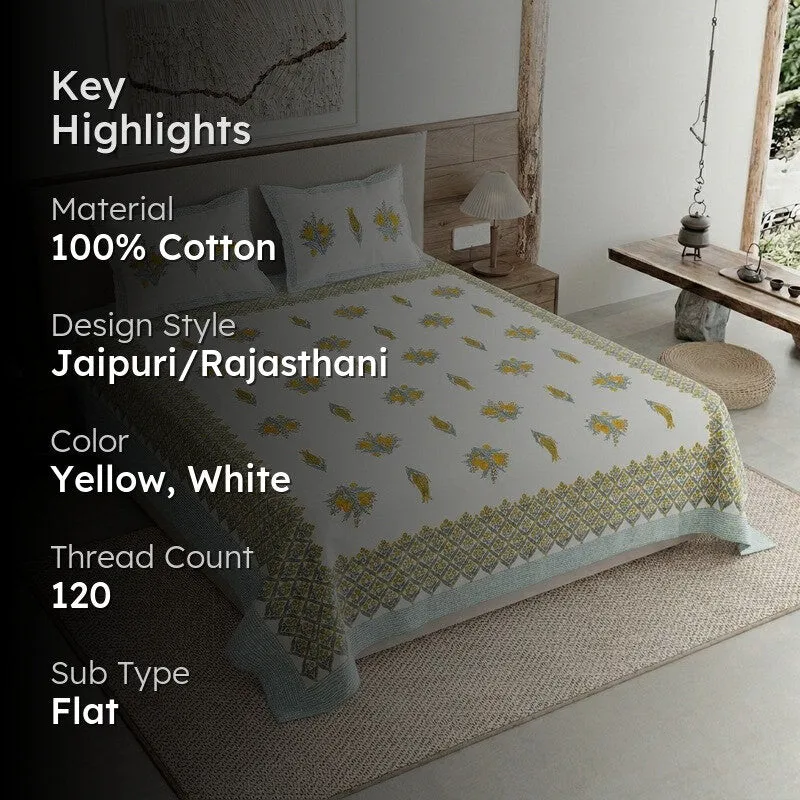 Ethnic Bloom Cotton Bedsheet (Yellow,White) - 120 TC media 2