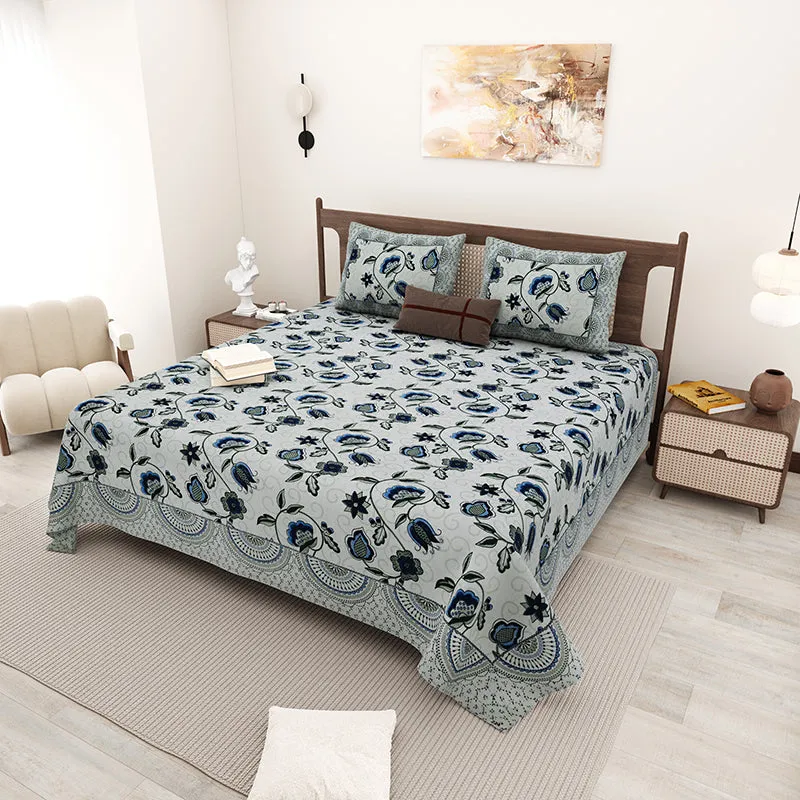 Aishaani Ethnic Cotton Bedsheet (Grey,Blue) - 180 TC media 1