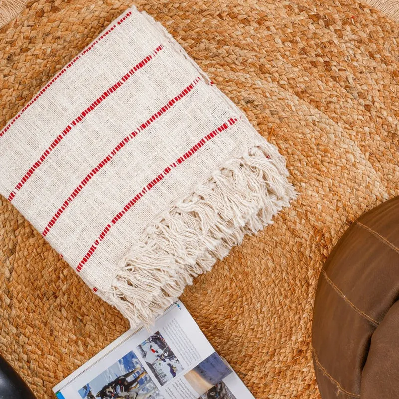 Almond Weave Striped Throw - Off White & Red media 5