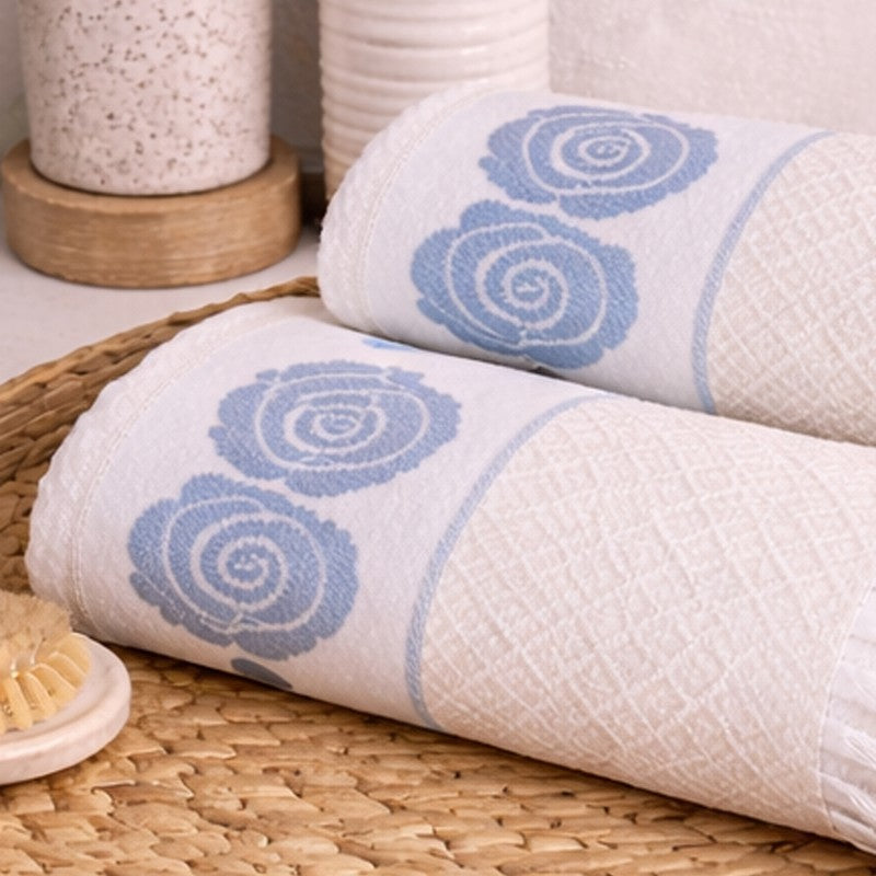 Rosette Cotton Bath Towel (Blue & White) - Set Of Two media 8