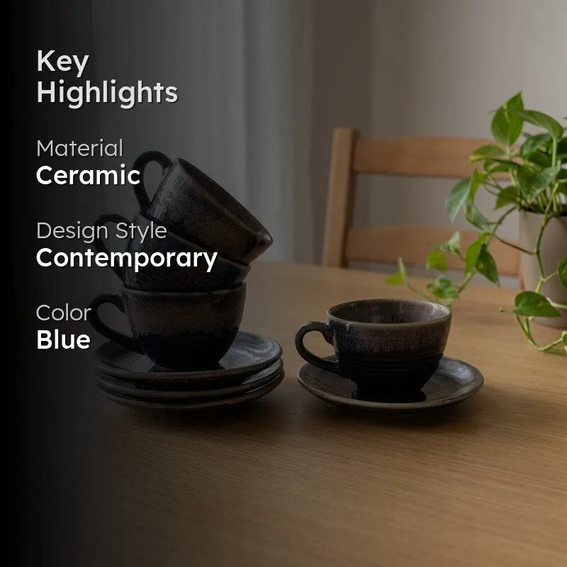 Ceramic Cup & Saucer (Blue/180 mL Each) - Set of Four media 2
