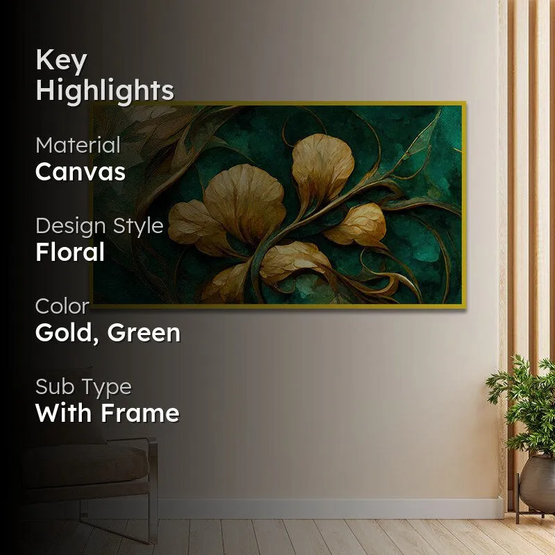 Emeral & Gold Floral Canvas Wall Painting With Frame - Gold media 2