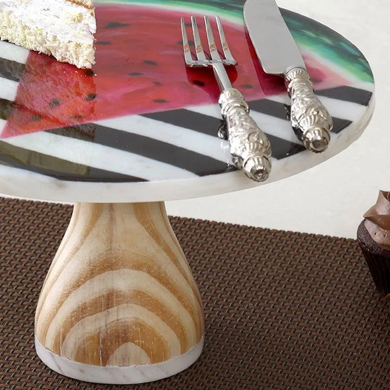 Watermelon Stripes Printed Marble & Wood Cake Stand media 3