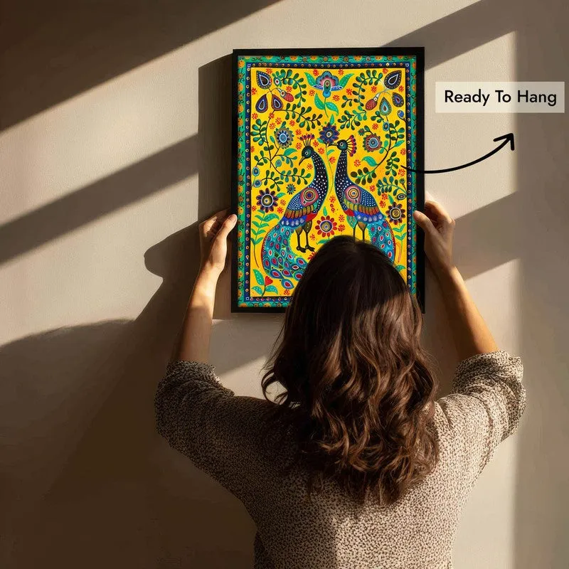 Colorful Peacock Folk Art Canvas Wall Painting With Black Frame media 10