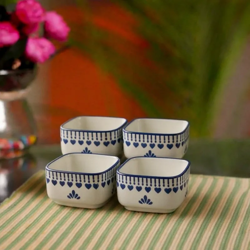 MonoServe Ceramic Dip Bowls (Blue,White ,40 mL Each) - Set Of Four media 1