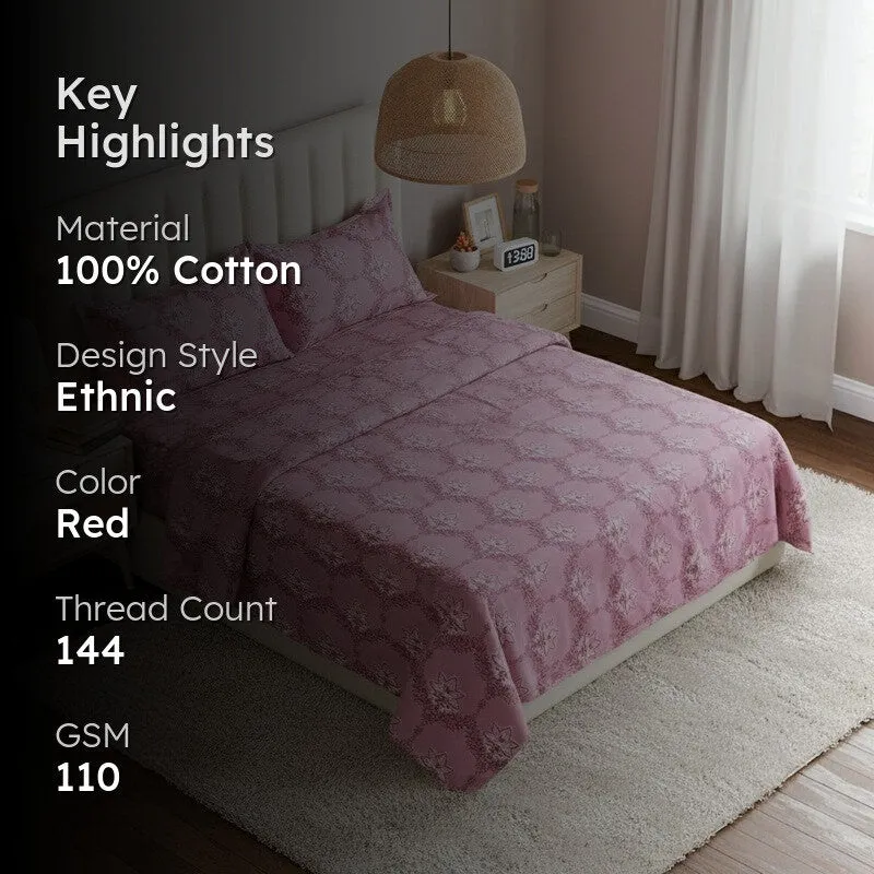 Amora Ethnic Cotton Bedsheet (Red) - 144 TC media 2