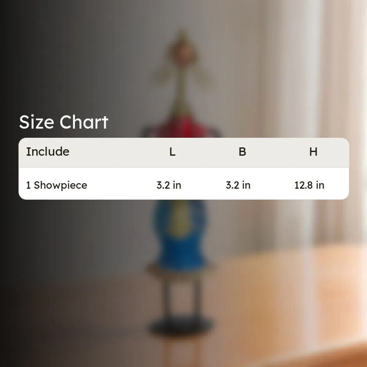 Blurred showpiece background with a size chart table overlay