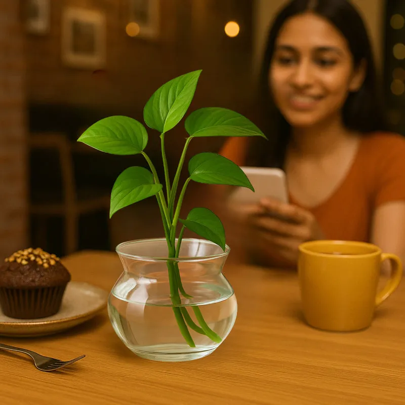 Clear glass vase with green cuttings styled on a table beside a mug and snack.