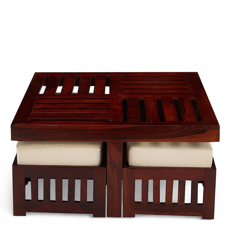 Gaviron Sheesham Wooden Center Table with Stools and Cushions (Red) - Nine Piece Set media 3