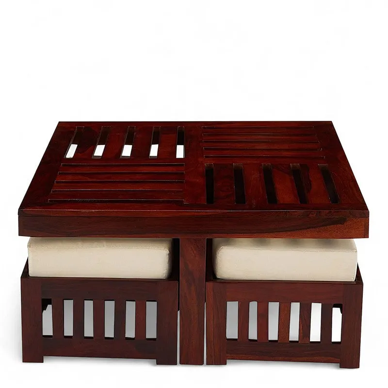 Gaviron Sheesham Wooden Center Table with Stools and Cushions (Red) - Nine Piece Set media 3