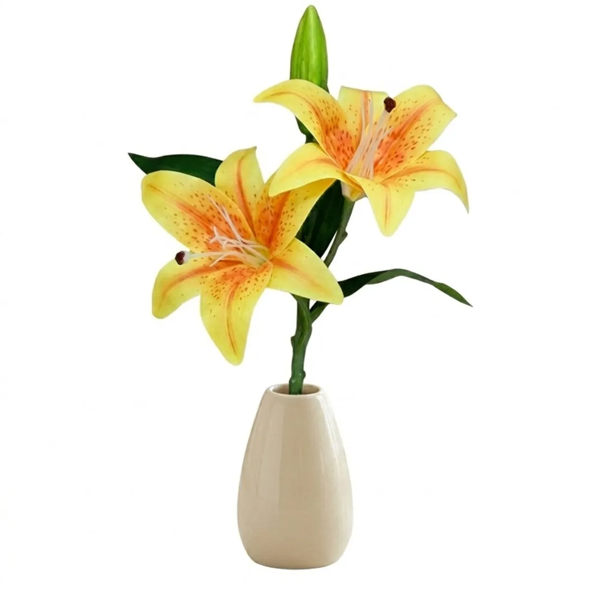 Artificial yellow and orange lily flower stick shown against a white background