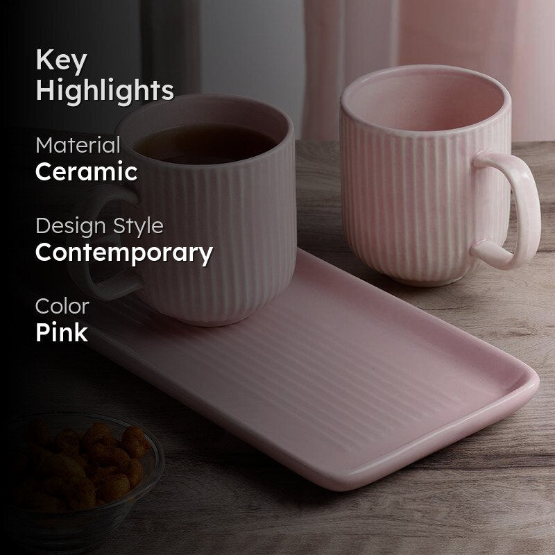 Vantera Pink Ceramic Mug And Tray (220 mL Each) - Three Piece Set media 2