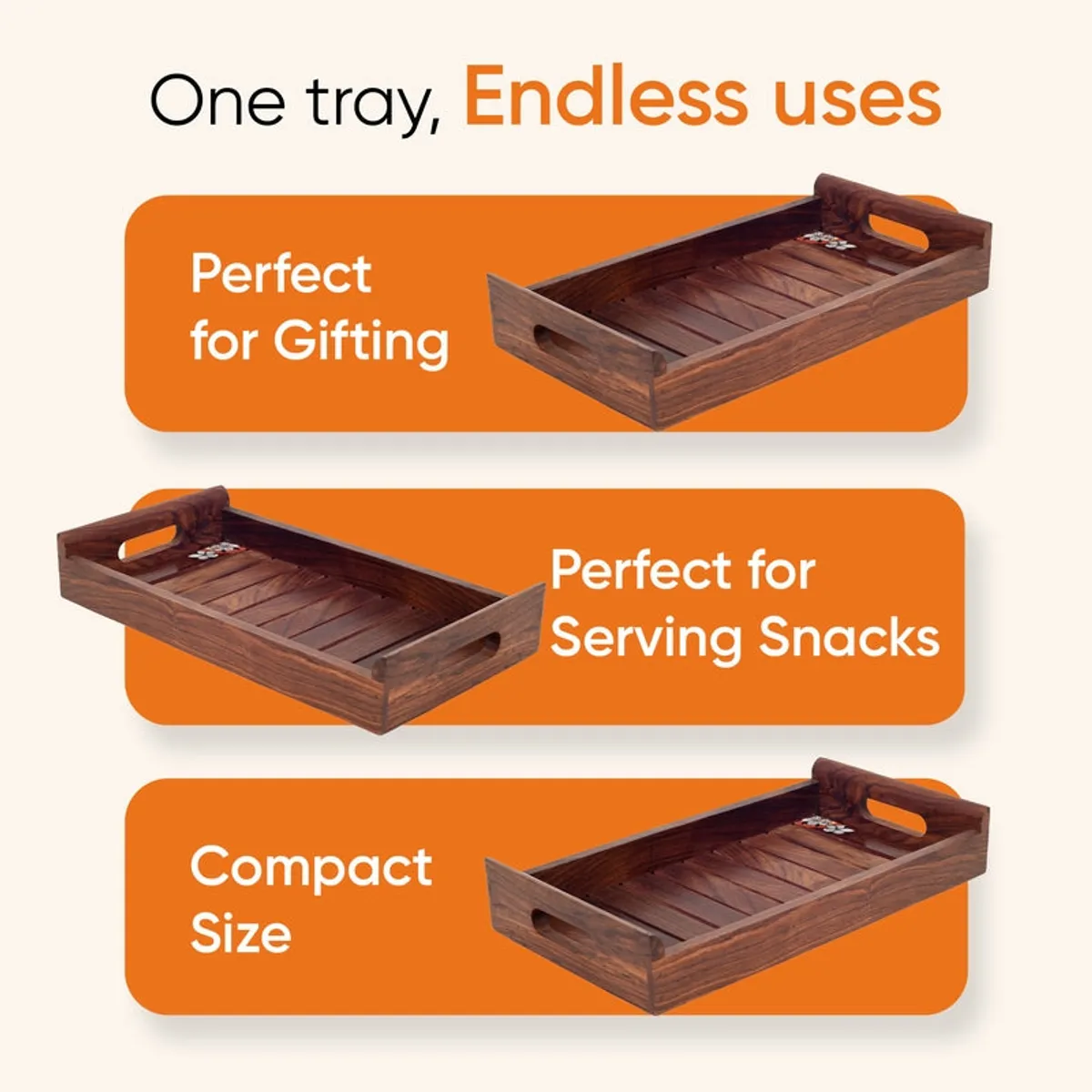 Brown wooden tray shown with gifting and snack-serving use illustrations