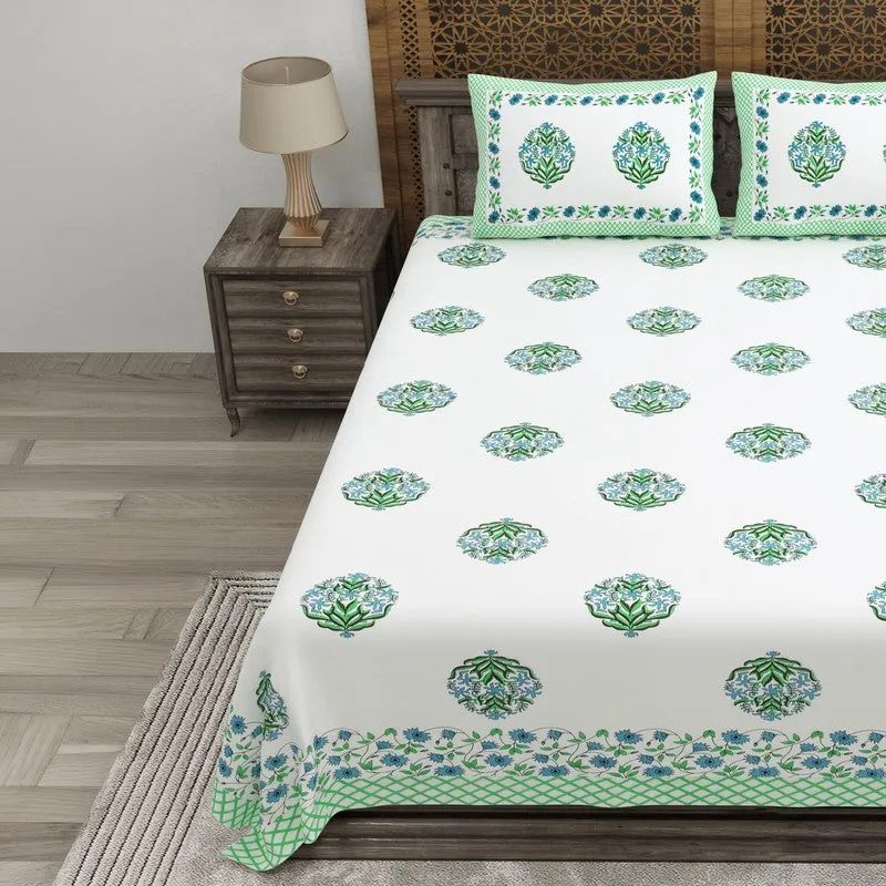 Rangen Cotton Bedsheet (White,Green) - 240 TC media 3