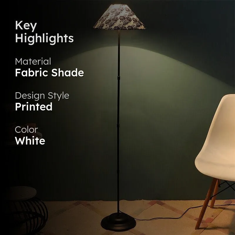 Printed floor lamp in a room setting with text overlay on the left