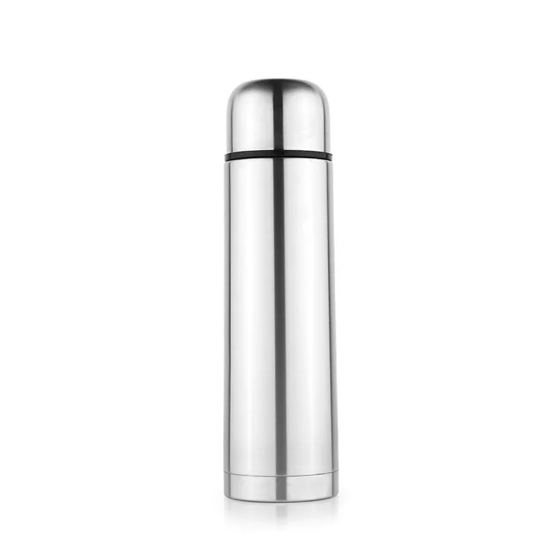Tall silver steel bottle with rounded cap on a plain white background