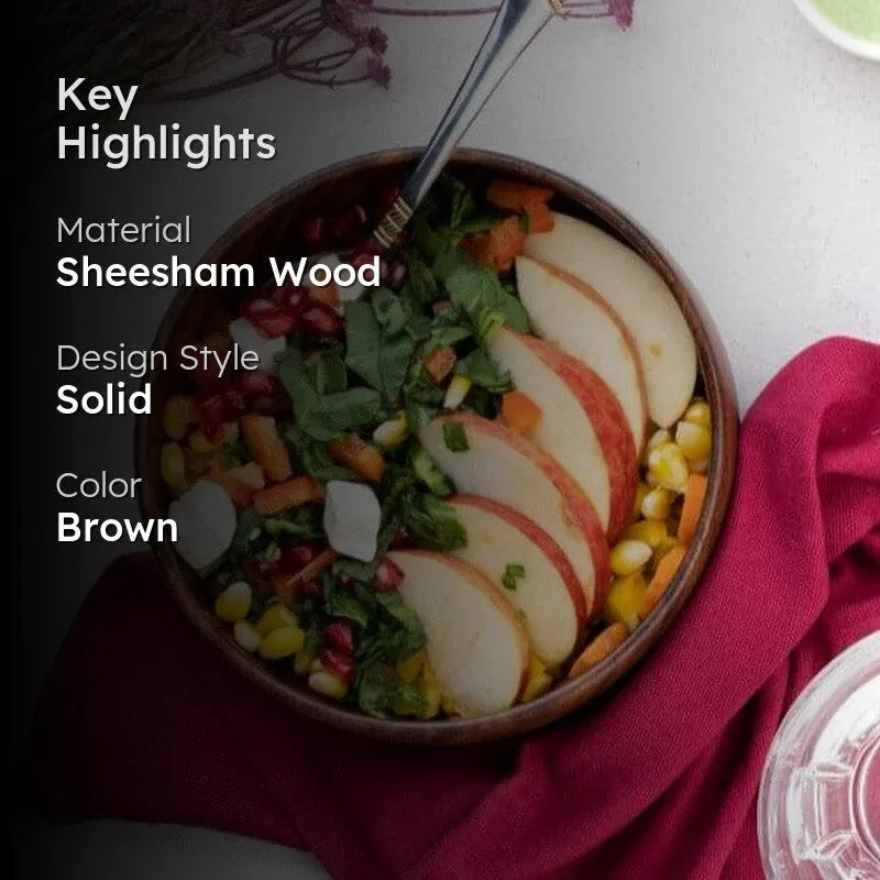 Brown wooden serving bowl with salad and text overlay