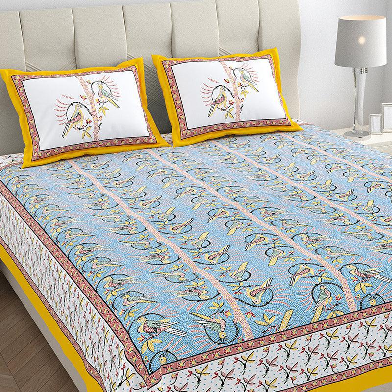 Tara Tranquility Ethnic Cotton Bedsheet (Blue & Yellow) - 150 TC media 3