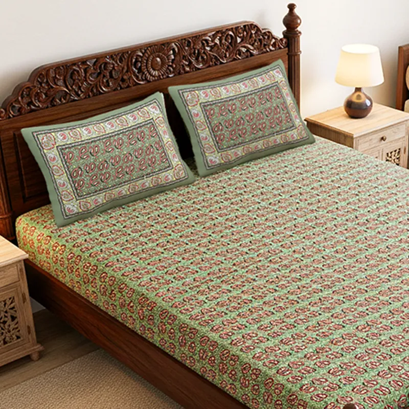 Timeless Motifs Cotton Bedsheet (Peach, Green) - 180 TC media 3