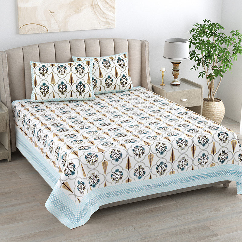 Kritika Cotton Bedsheet (Blue, Mustard) - 144 TC
