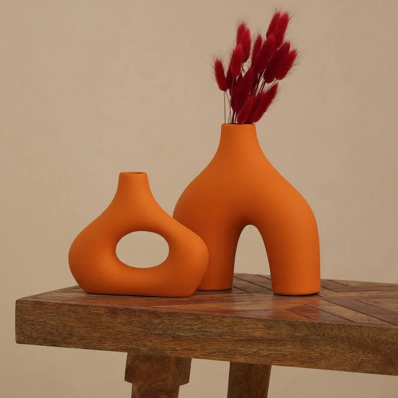 Noctra Sculptural Dual Ceramic Vase (Orange) - Set Of Two media 4