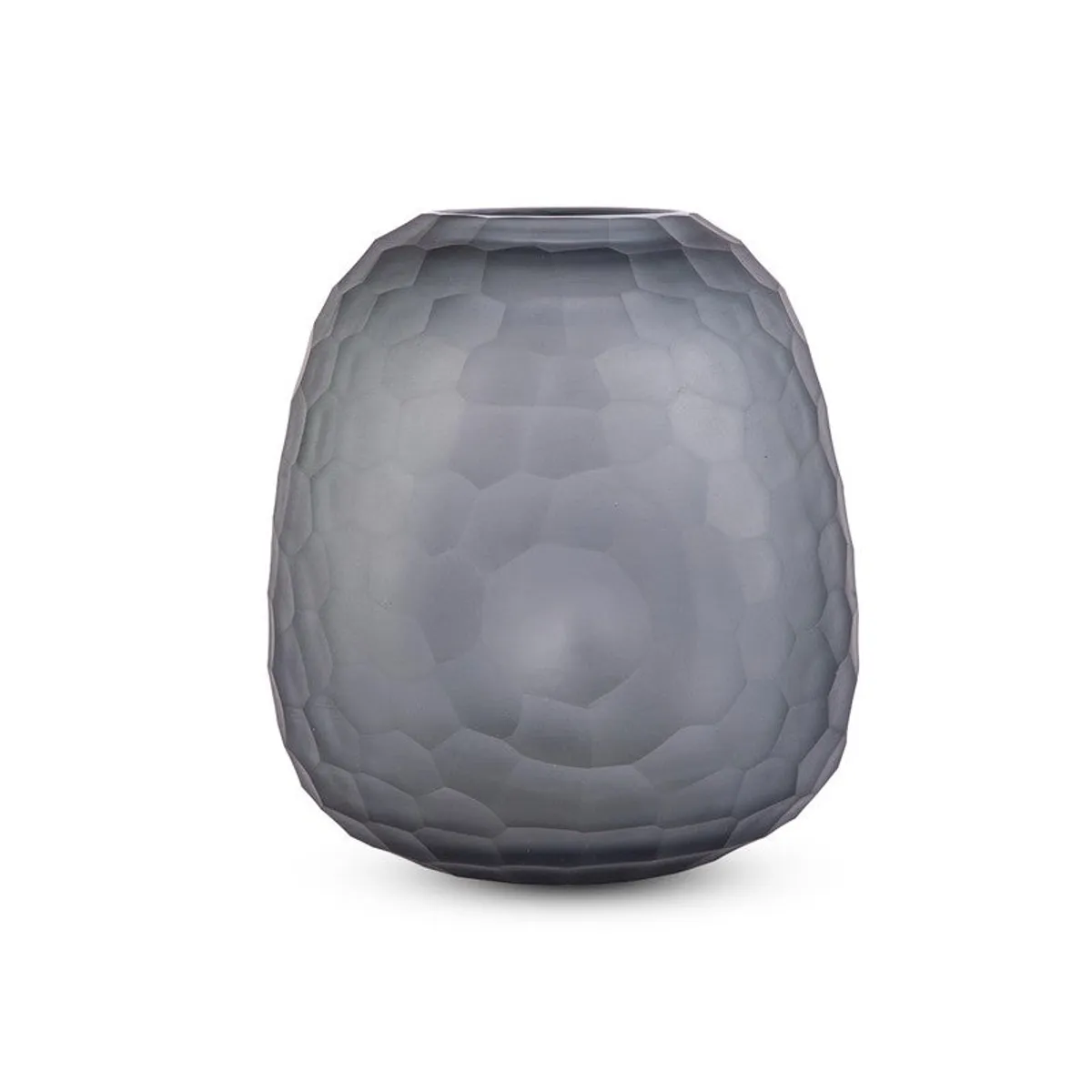 Front view of a smoky grey textured glass vase on a white background
