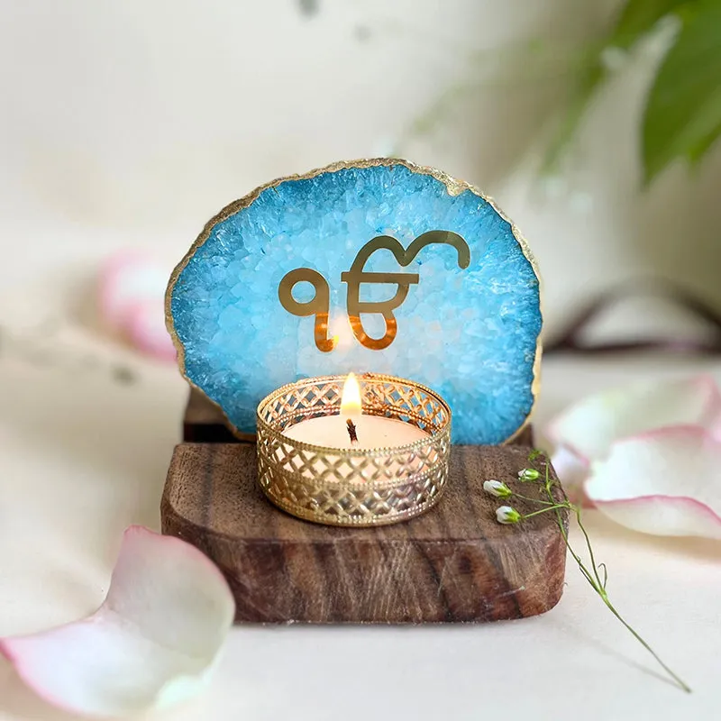 Ik Onkar Handcrafted Agate Religious Accent With Tealight Candle Holder - Turquoise media 3