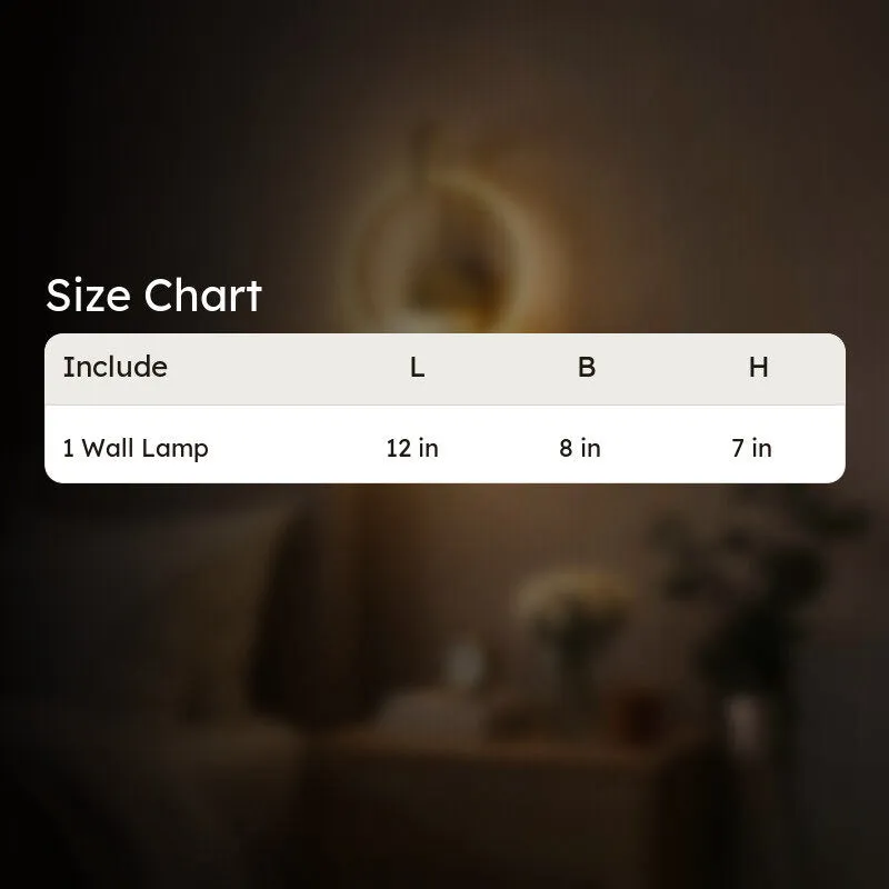 Dark product graphic with a white information table over a blurred lamp background.