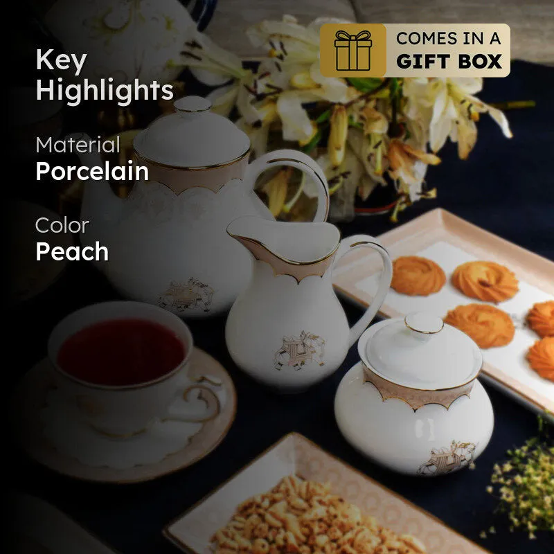 Gilded Legacy 24k Gold Brushed Porcelain Tea Set With Tea Pot (Peach) - Seventeen Piece Set media 2
