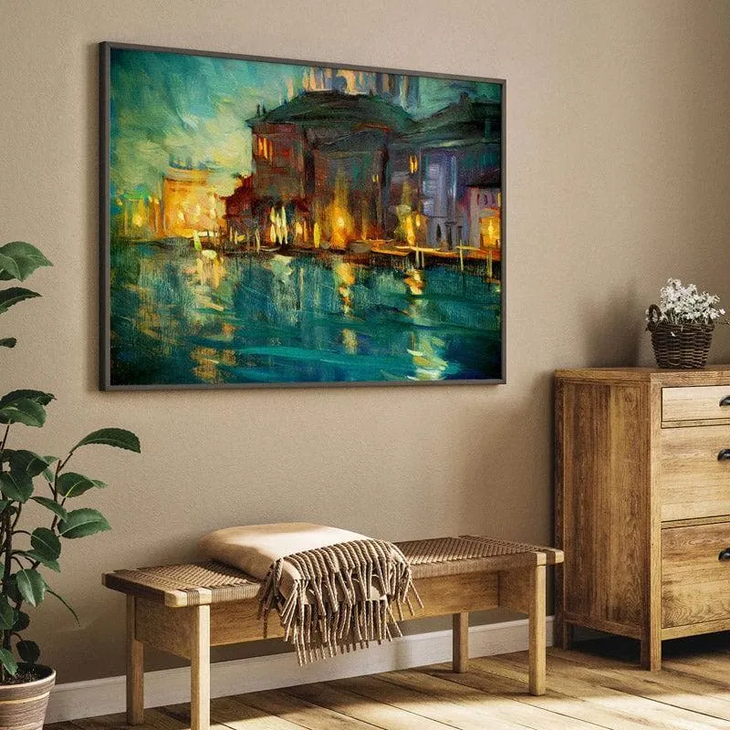 Venice Wonder Night Landscape Canvas Wall Painting - Black Frame media 5