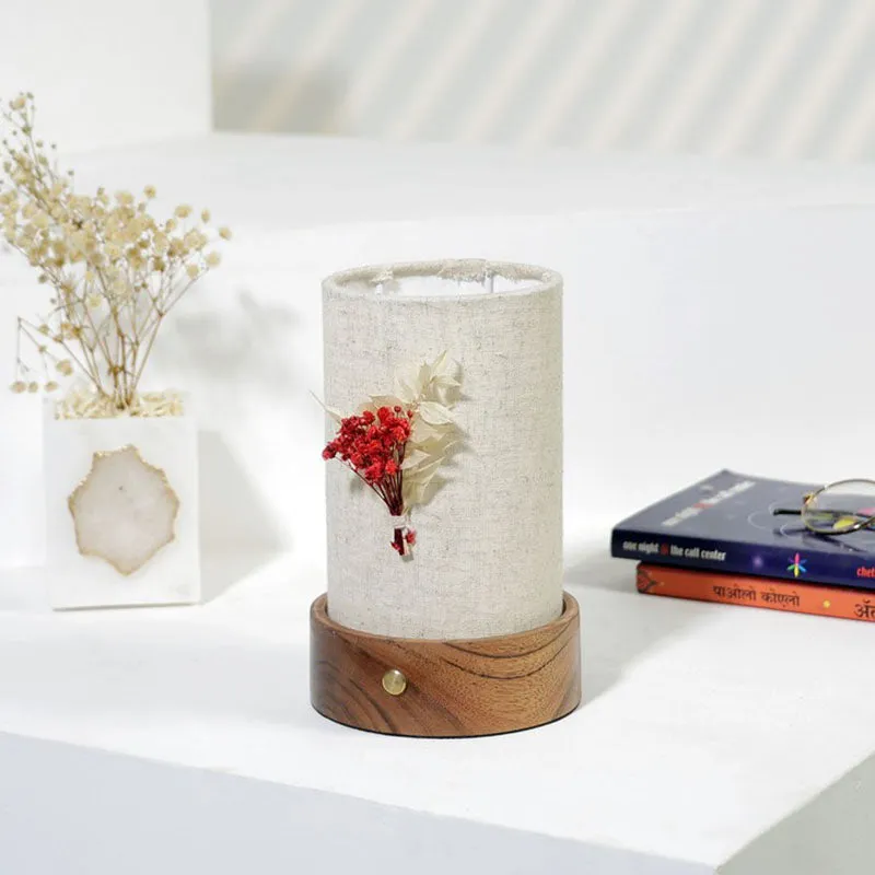 Illumo Cylindric Textured Base Fabric Wooden Table Lamp - Multicolor media 3