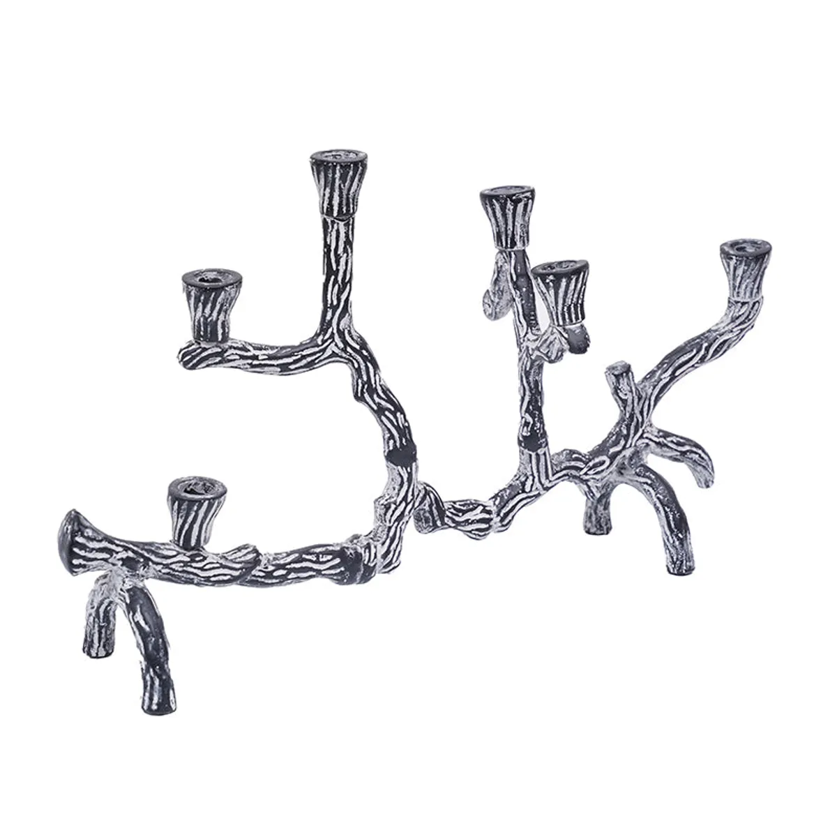 Angled view of a black branched candle holder with multiple candle cups