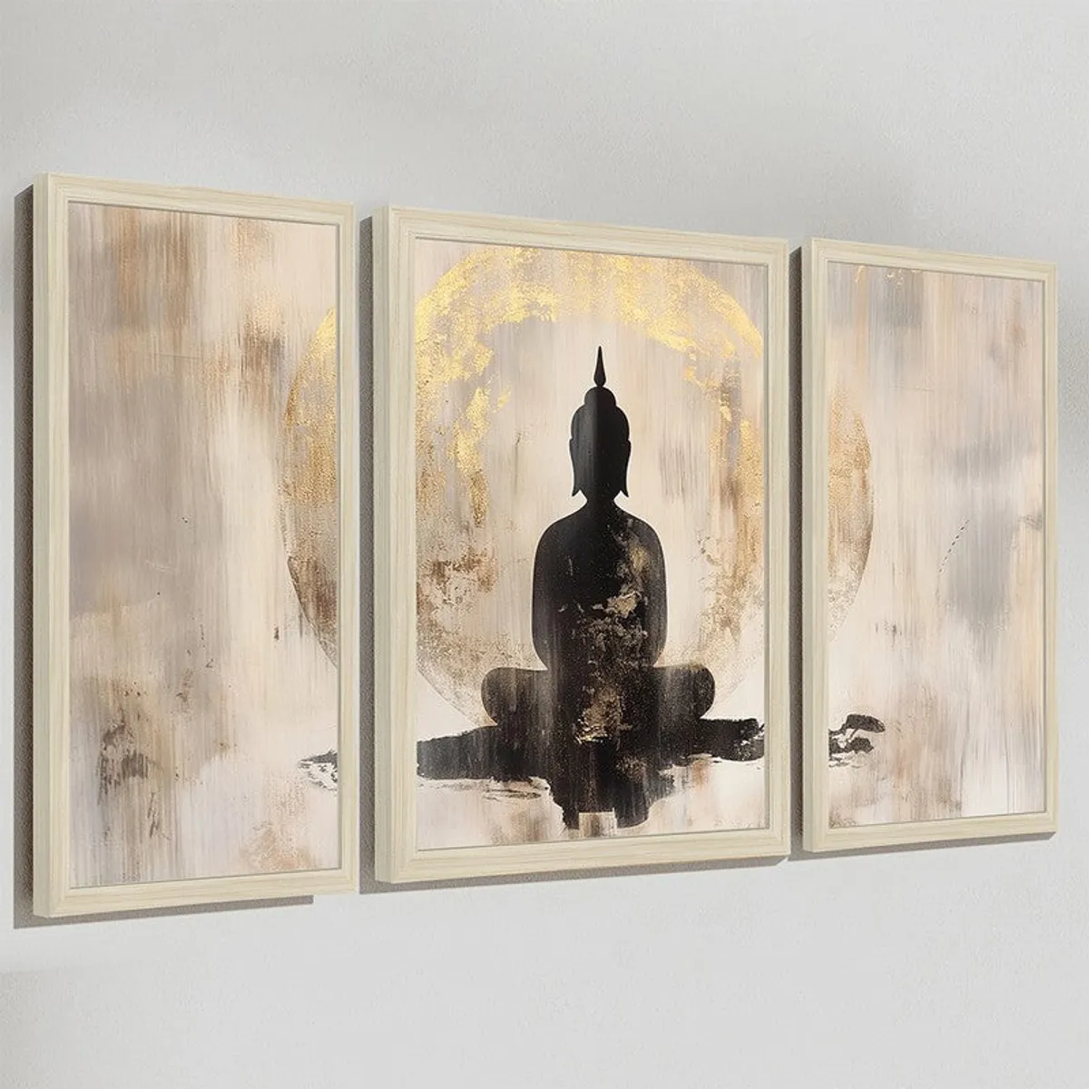 Angled view of three framed Buddha wall art panels with gold accents.