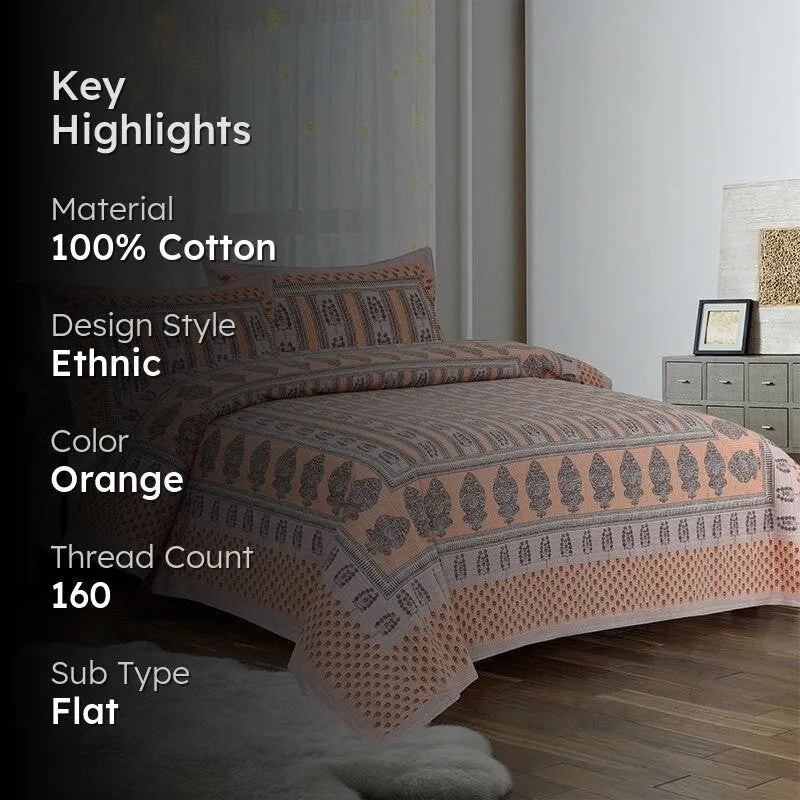 Kineesh Printed Cotton Bedsheet (Orange) - 160 TC media 2