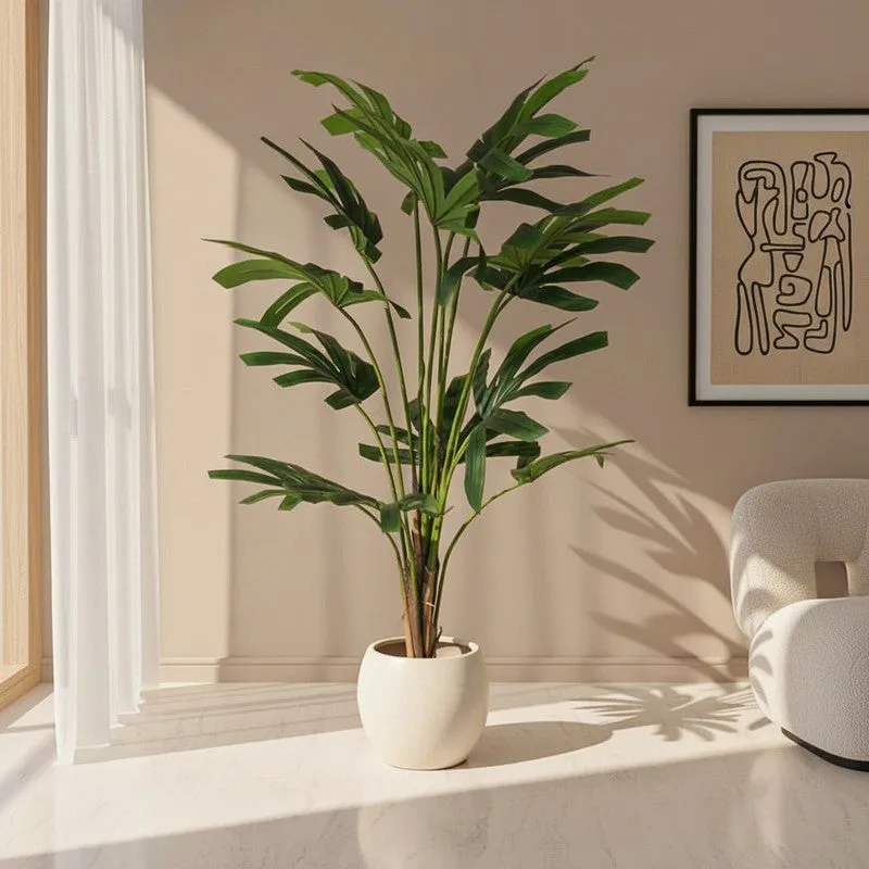 Faux Lush Rhapis Excelsa Plant With Black Plastic Pot - 4 Feet media 1