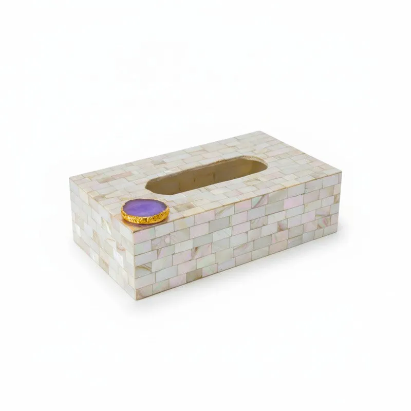Suzzaine Handcrafted Mother Of Pearl & Agate Tissue Box - White & Beige media 3