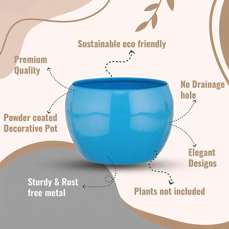 Single glossy blue round planter shown against a graphic background.
